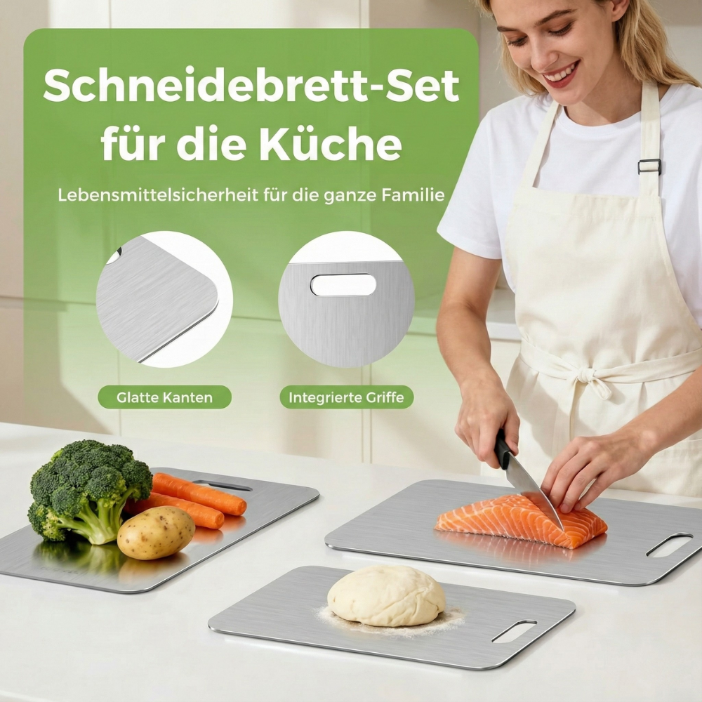 Edelstahl Schneidebrett, Schneidebrett aus 100% Titan für die Küche, Doppelseitige Titanbretter mit getrennten Bereichen für Rohkost und Gekochtes, giftfrei, spülmaschinenfest (S+M+L)