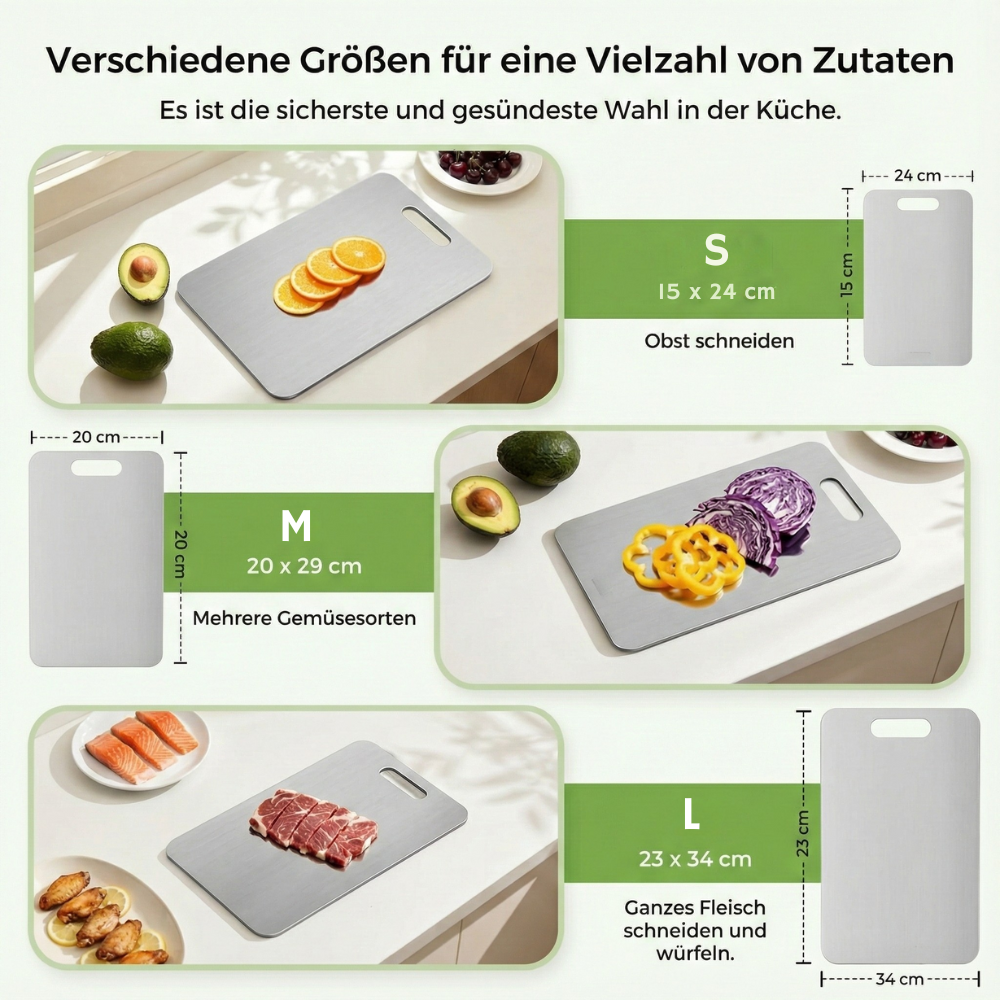 Edelstahl Schneidebrett, Schneidebrett aus 100% Titan für die Küche, Doppelseitige Titanbretter mit getrennten Bereichen für Rohkost und Gekochtes, giftfrei, spülmaschinenfest (S+M+L)