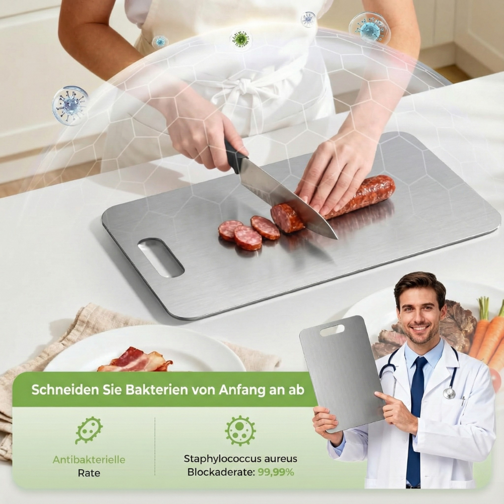 Edelstahl Schneidebrett, Schneidebrett aus 100% Titan für die Küche, Doppelseitige Titanbretter mit getrennten Bereichen für Rohkost und Gekochtes, giftfrei, spülmaschinenfest (S+M+L)