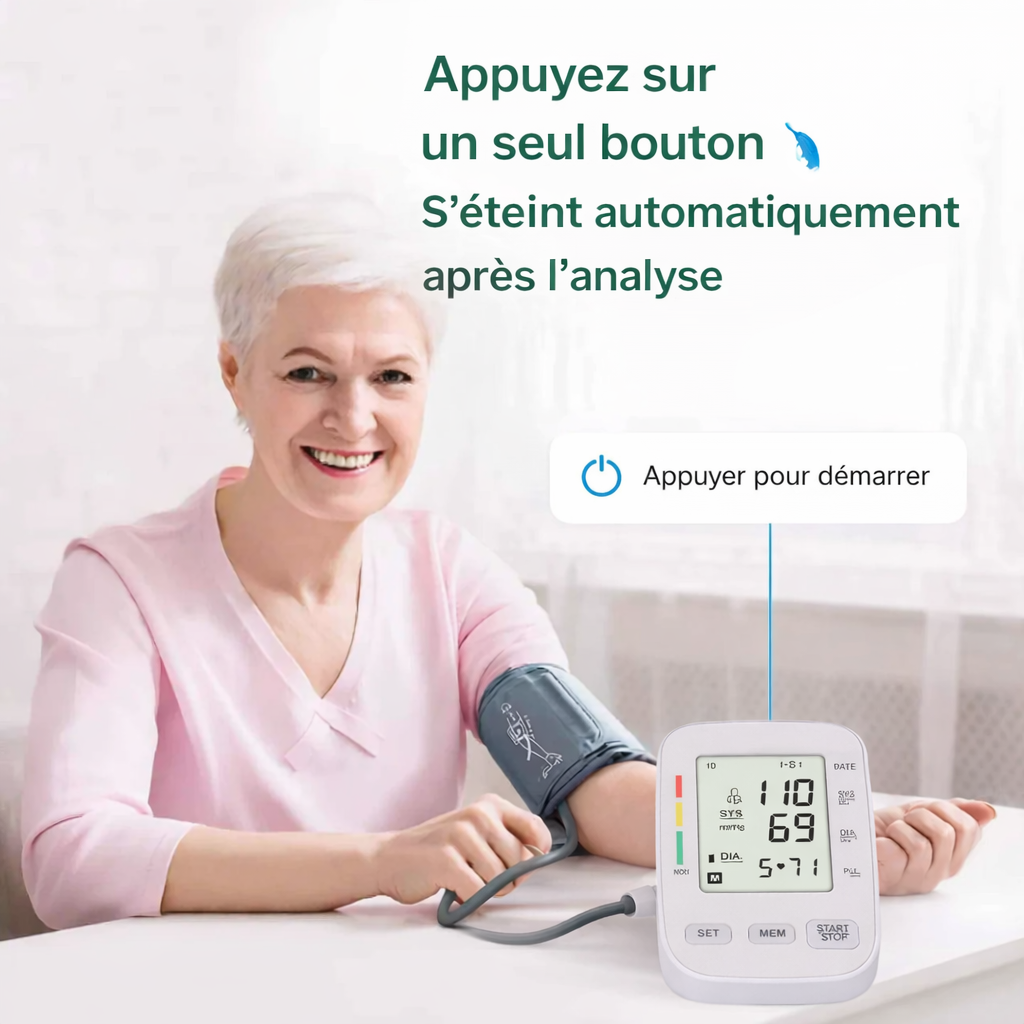 Tensiomètre Électronique à Bras — Écran digital, brassard confortable avec mémoire — Mesure de la tension et du pouls