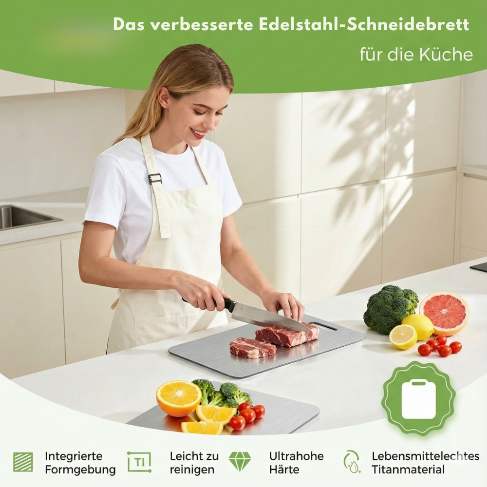 Edelstahl Schneidebrett, Schneidebrett aus 100% Titan für die Küche, Doppelseitige Titanbretter mit getrennten Bereichen für Rohkost und Gekochtes, giftfrei, spülmaschinenfest (S+M+L)